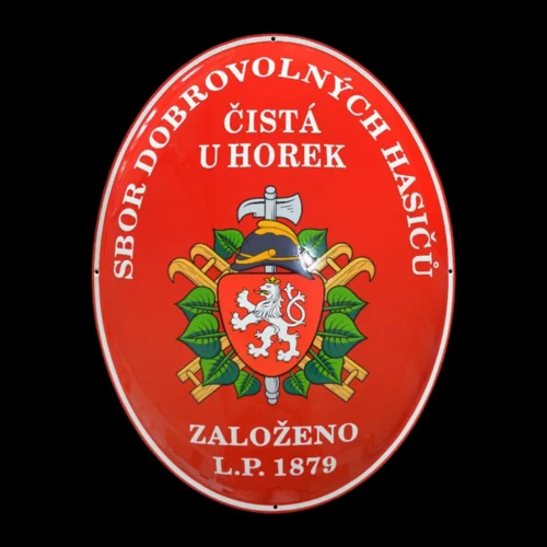 oválná smaltovaná cedule hasiči Čistá u Horek